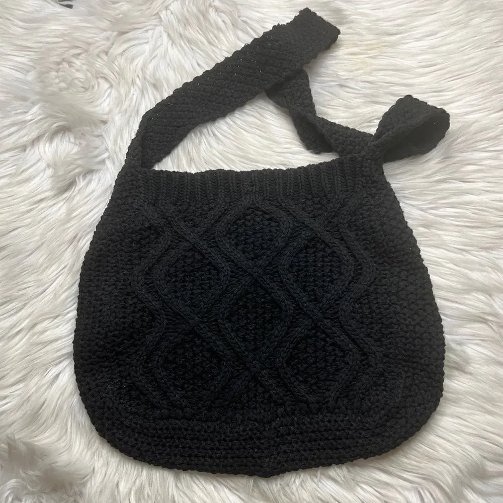 Crochet Knit Hobo Shoulder Bag Black
